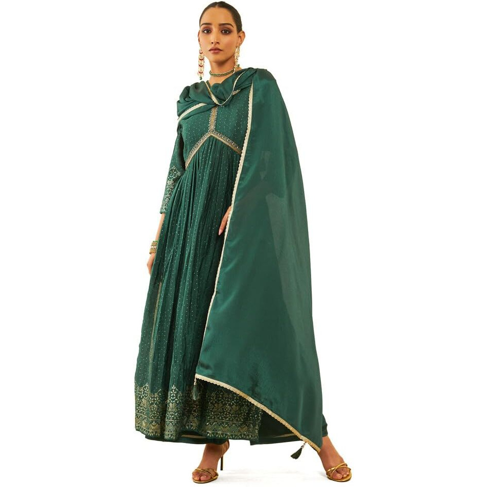 Soch Womens Green Chinon Sequinned Embellished Suit Set With Mirror Work