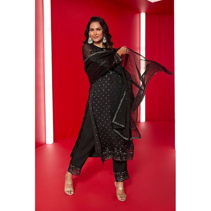 Soch Womens Black Sequinned Embellished Brocade Suit Set