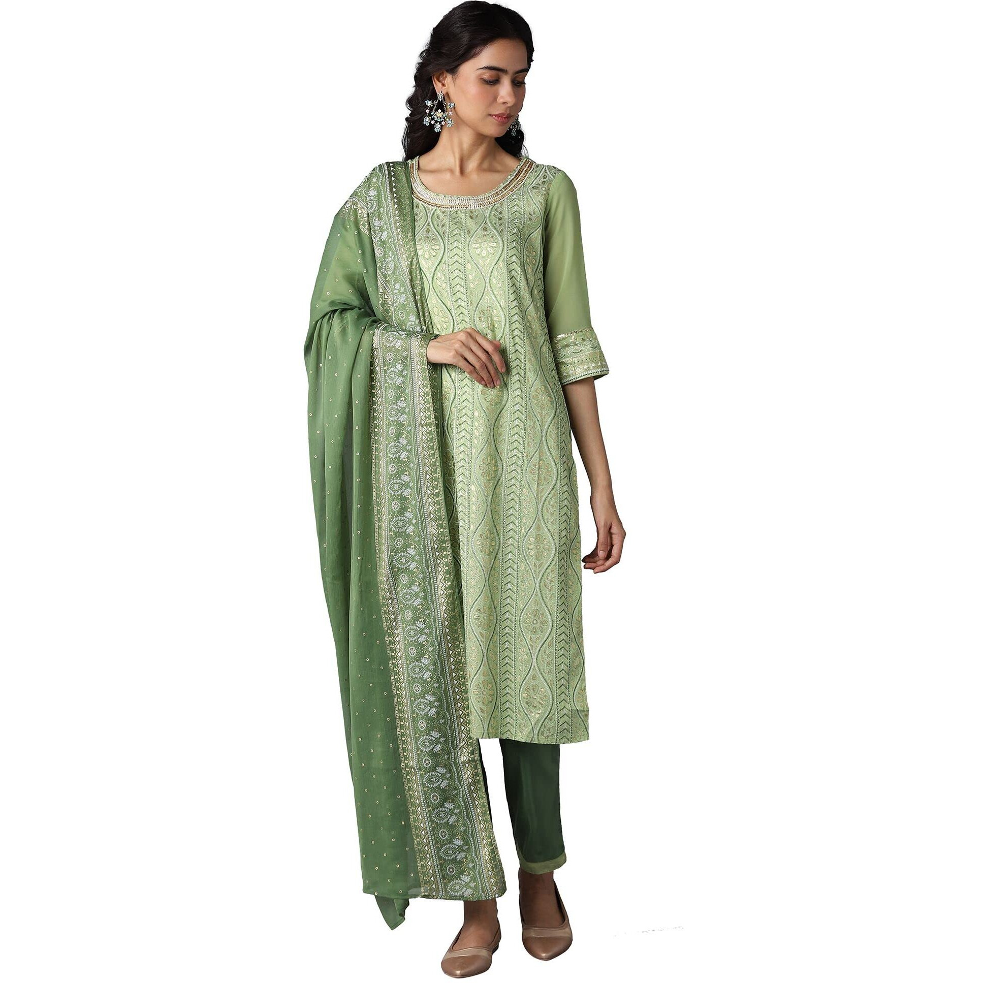 Aurelia Women's Viscose Kurta, Trouser & Dupatta (22Aud10365-501949_Green_S)