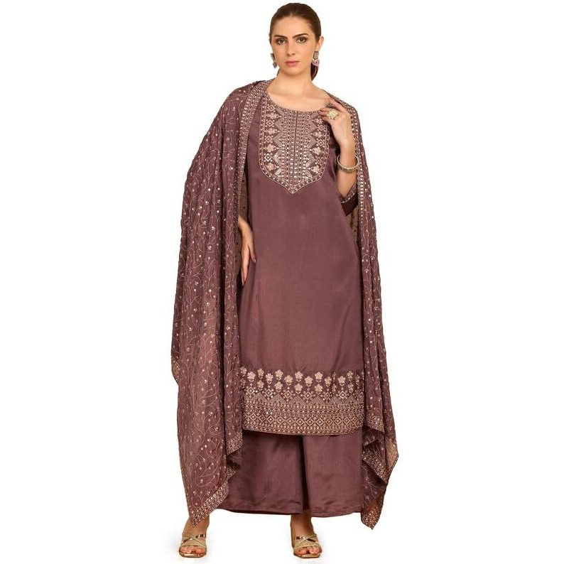 Soch Womens Mauve Yoke Embroidered Chinon Suit Set With Sequins