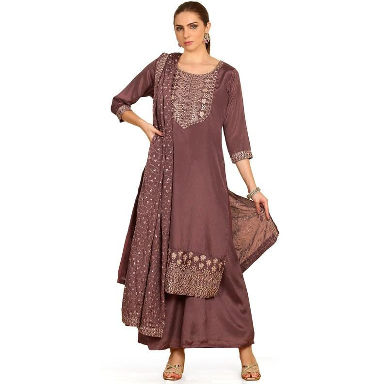 Soch Womens Mauve Yoke Embroidered Chinon Suit Set With Sequins