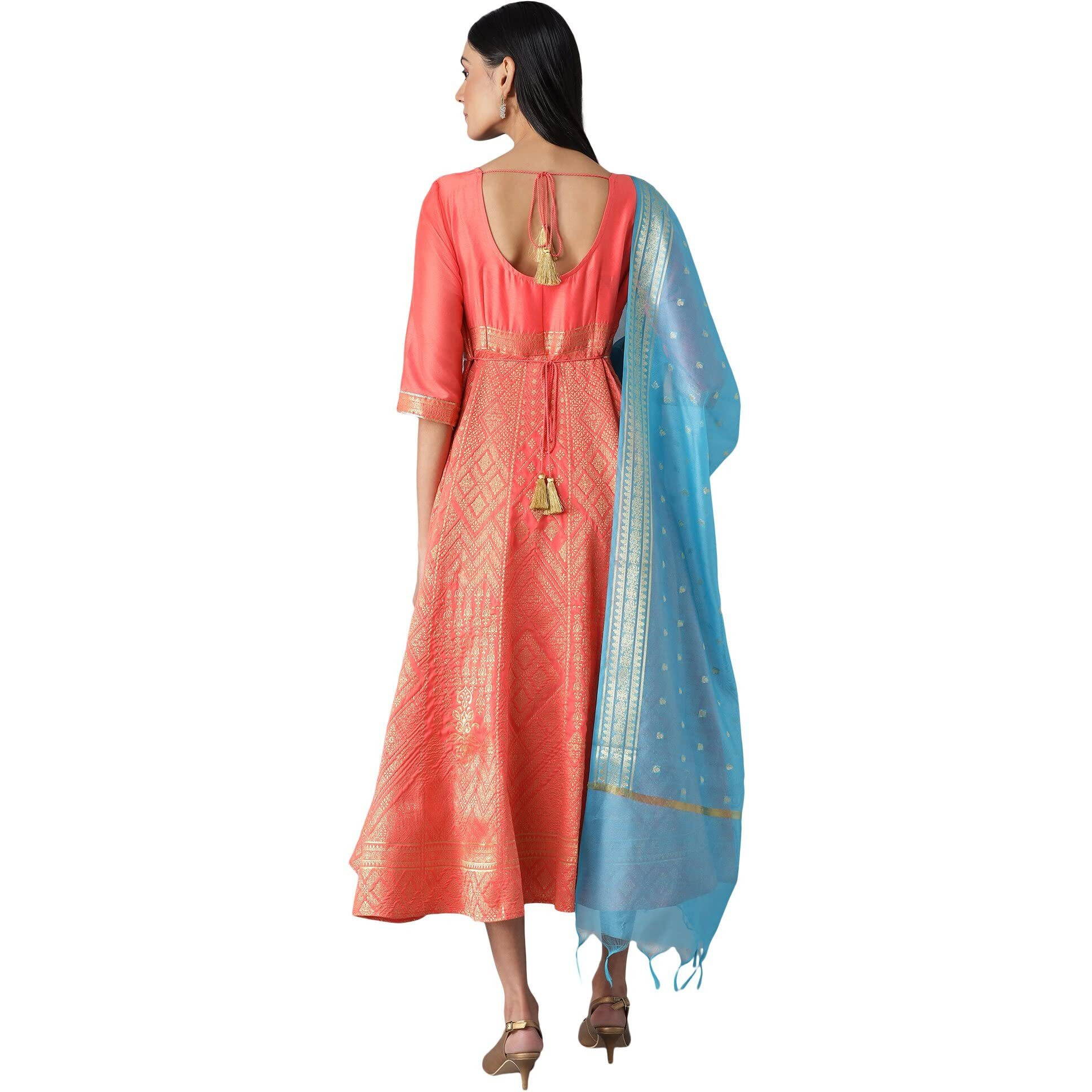 Aurelia Women's Polyester Blend Peach Bead Work Dress And Dupatta Set Calf Length (22Aud10333-703003_Pink_S)
