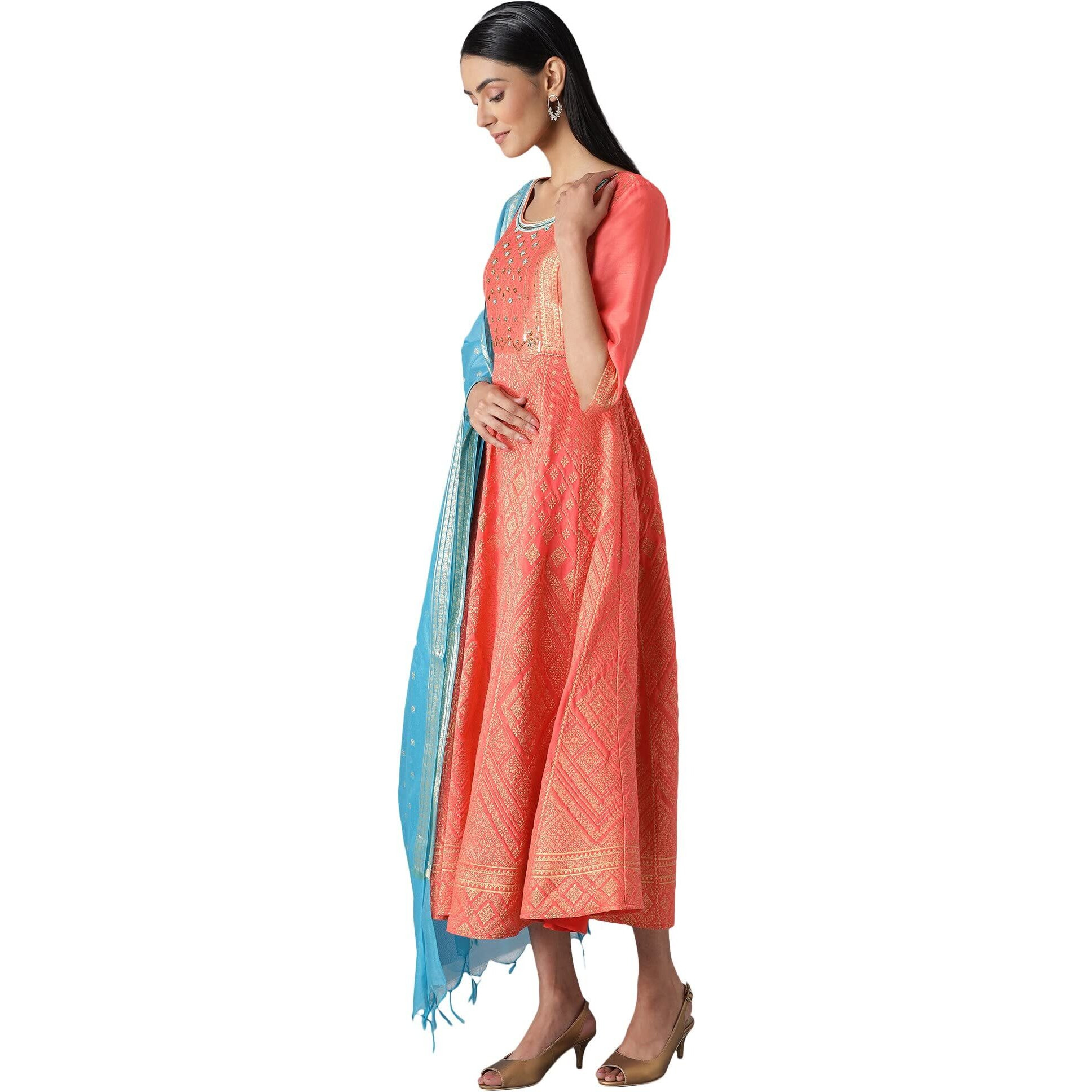 Aurelia Women's Polyester Blend Peach Bead Work Dress And Dupatta Set Calf Length (22Aud10333-703003_Pink_S)