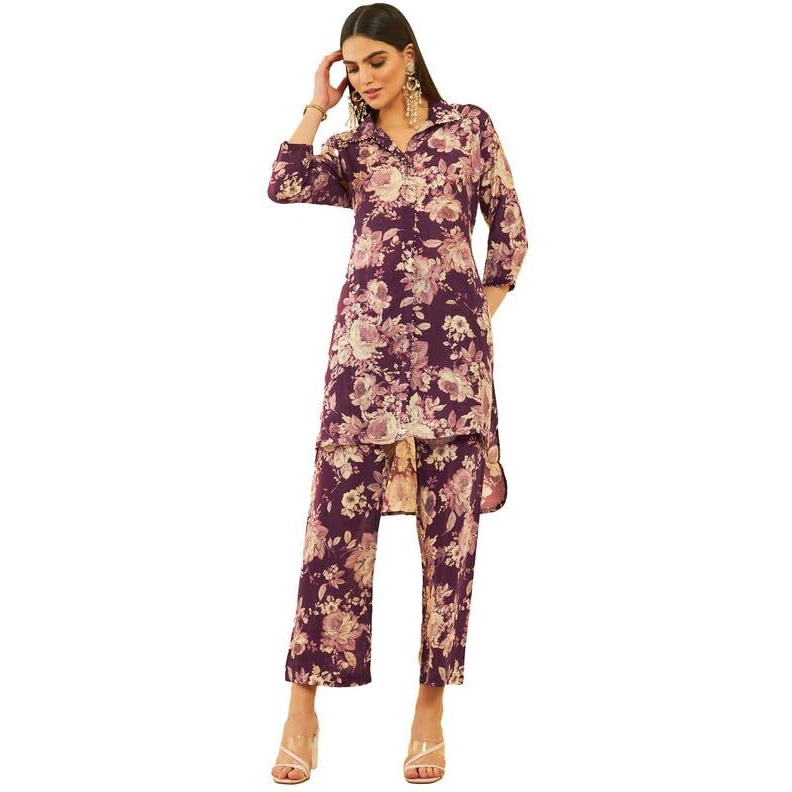 Soch Womens Wine Silk Blend Floral Printed Co-Ord Set With Beads