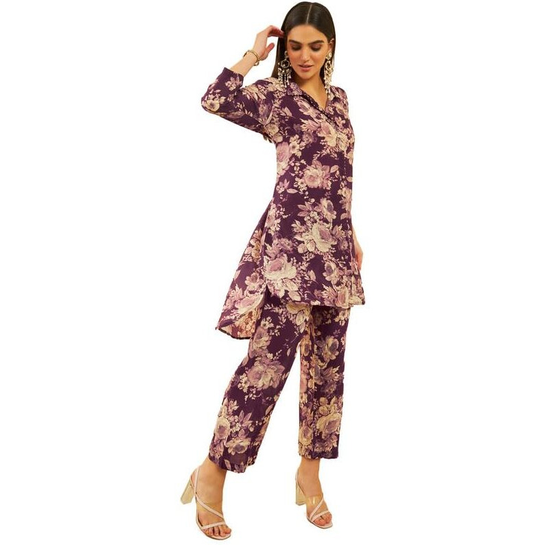 Soch Womens Wine Silk Blend Floral Printed Co-Ord Set With Beads