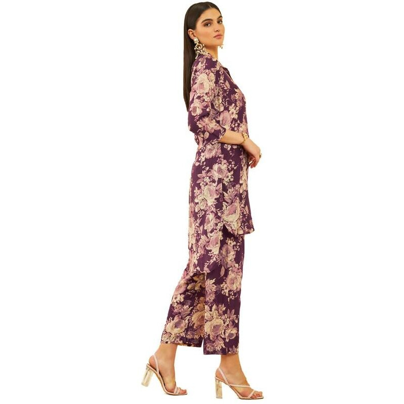 Soch Womens Wine Silk Blend Floral Printed Co-Ord Set With Beads