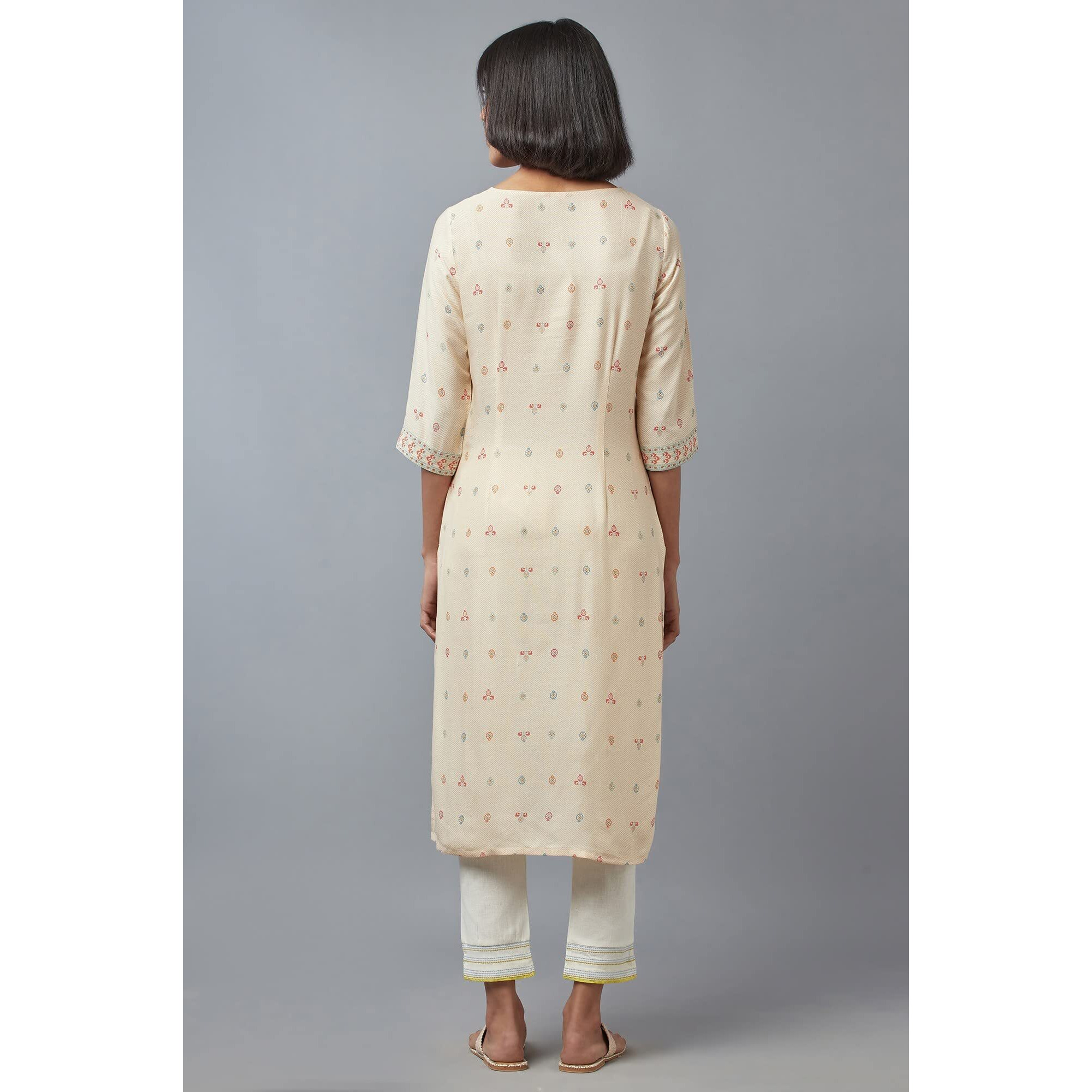 W For Woman Women's Rayon Floral Regular Kurta (22Few16067-117447_Ecru_M)