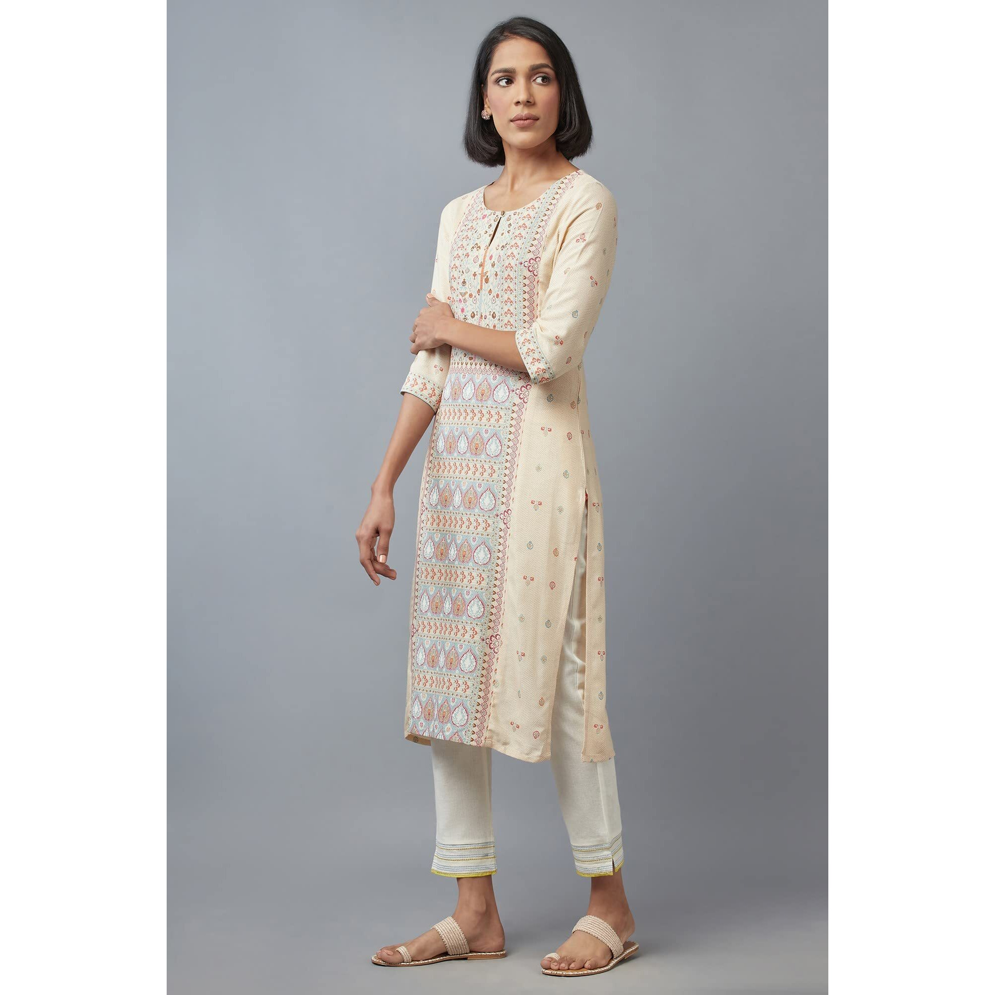 W For Woman Women's Rayon Floral Regular Kurta (22Few16067-117447_Ecru_M)