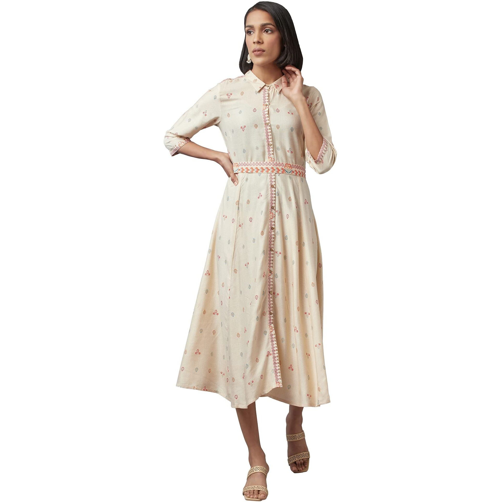 W For Woman Women's Rayon Ecru Shirt Collar Dress Midi (22Few16068-116564 L)