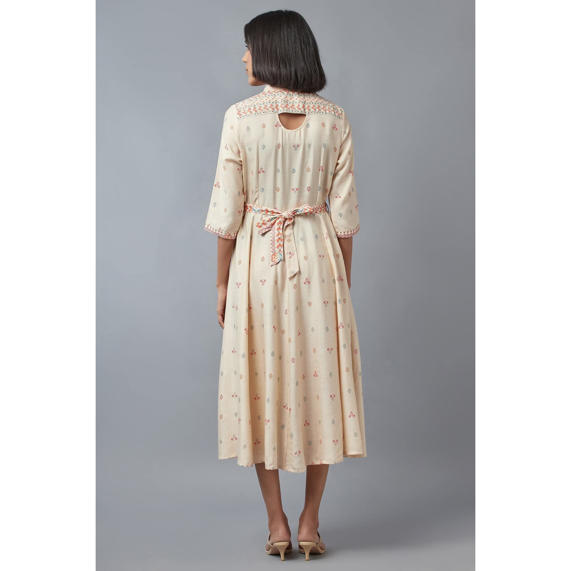 W For Woman Women's Rayon Ecru Shirt Collar Dress Midi (22Few16068-116564 L)