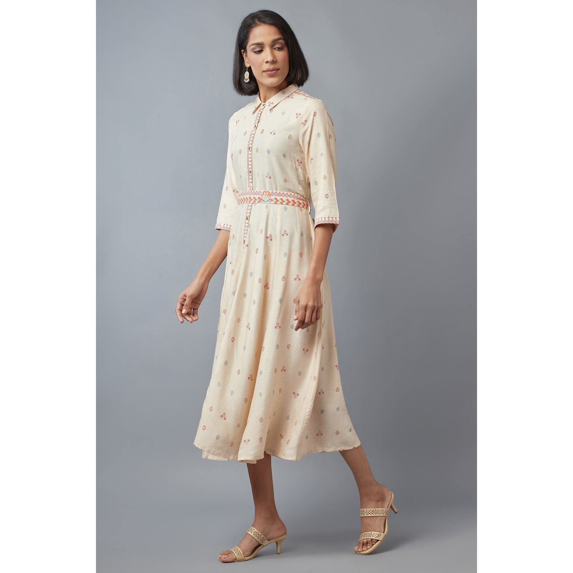 W For Woman Women's Rayon Ecru Shirt Collar Dress Midi (22Few16068-116564 L)