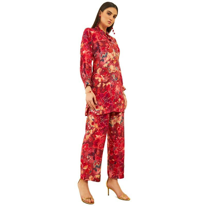 Soch Womens Red Muslin Floral Printed Co-Ord Set With Tassels