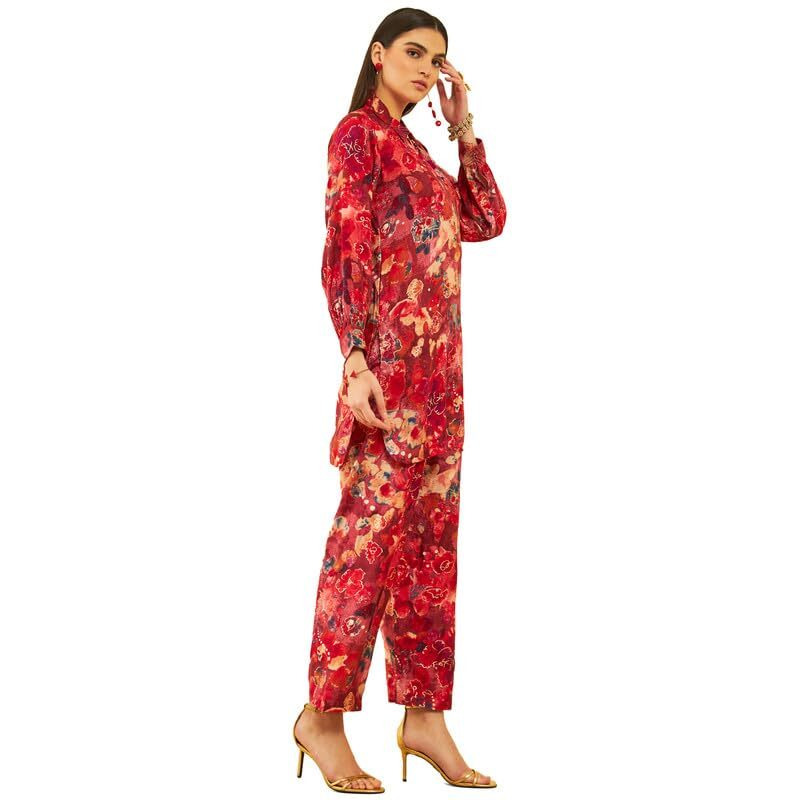 Soch Womens Red Muslin Floral Printed Co-Ord Set With Tassels