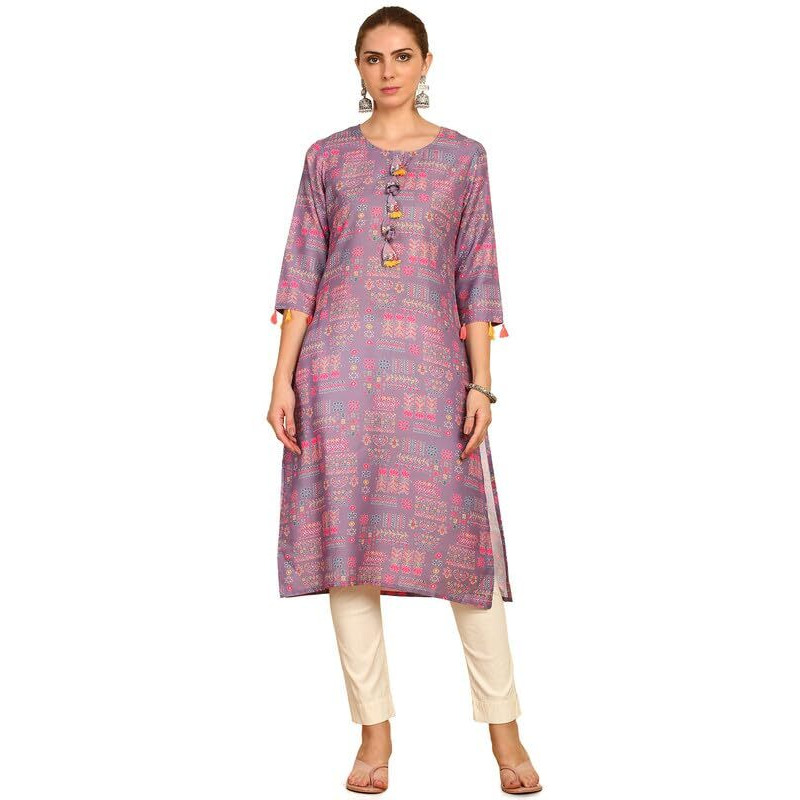 Soch Womens Purple Floral Printed Rayon Straight Kurta With Tassels