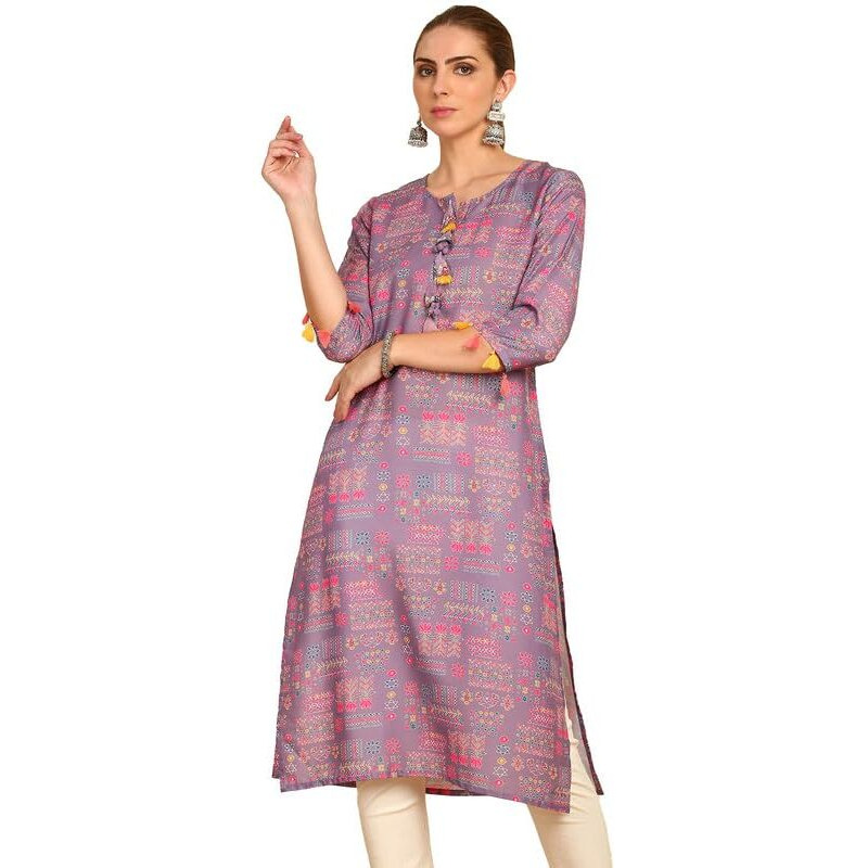 Soch Womens Purple Floral Printed Rayon Straight Kurta With Tassels