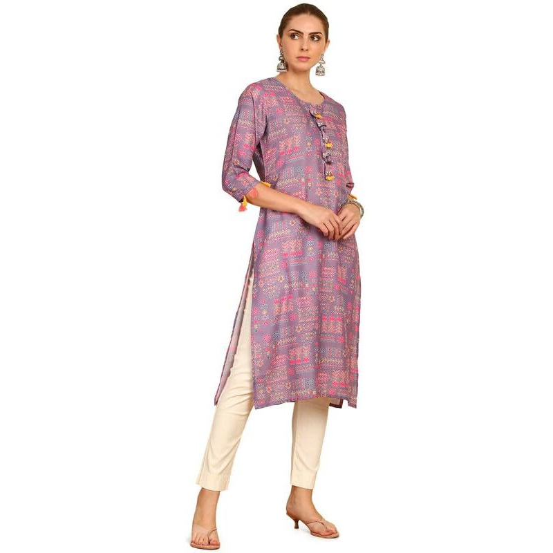 Soch Womens Purple Floral Printed Rayon Straight Kurta With Tassels
