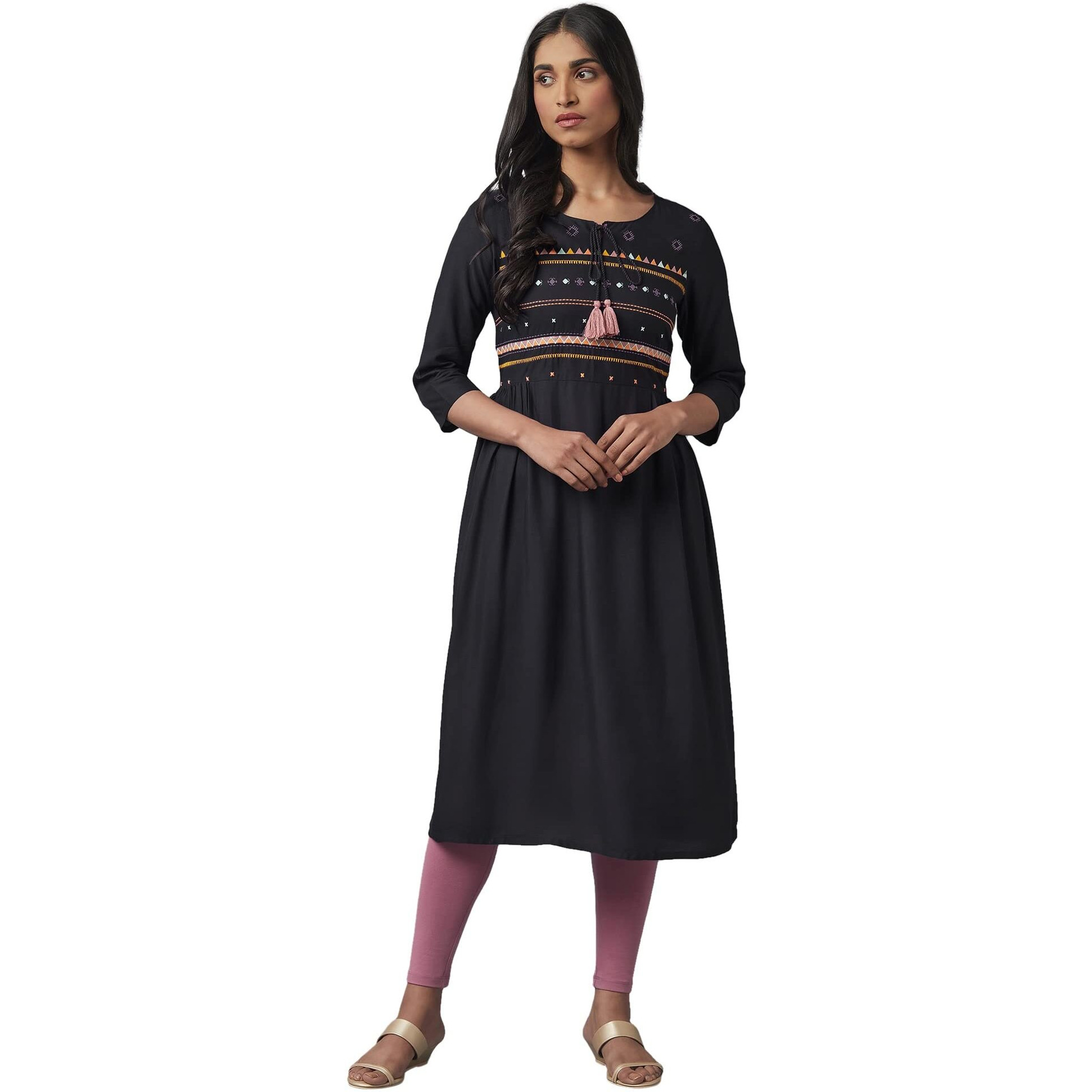 W For Woman Women's Rayon Charcoal Grey Embroidered Dress Below The Knee (22Few16072-216029 M)