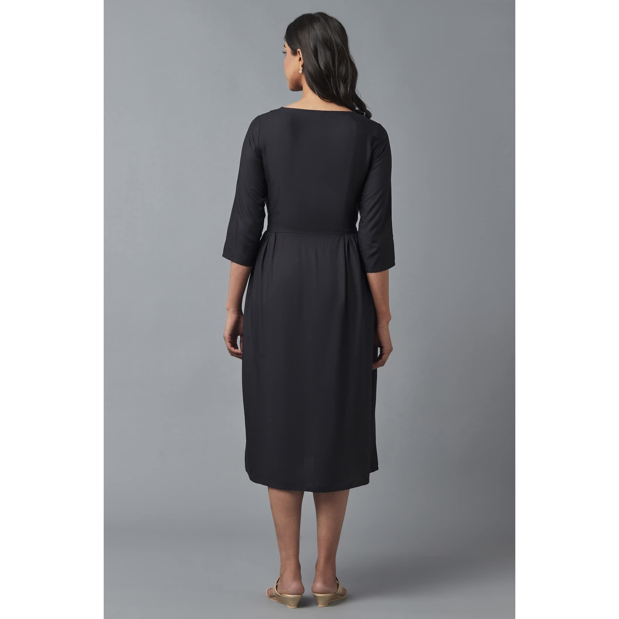 W For Woman Women's Rayon Charcoal Grey Embroidered Dress Below The Knee (22Few16072-216029 M)