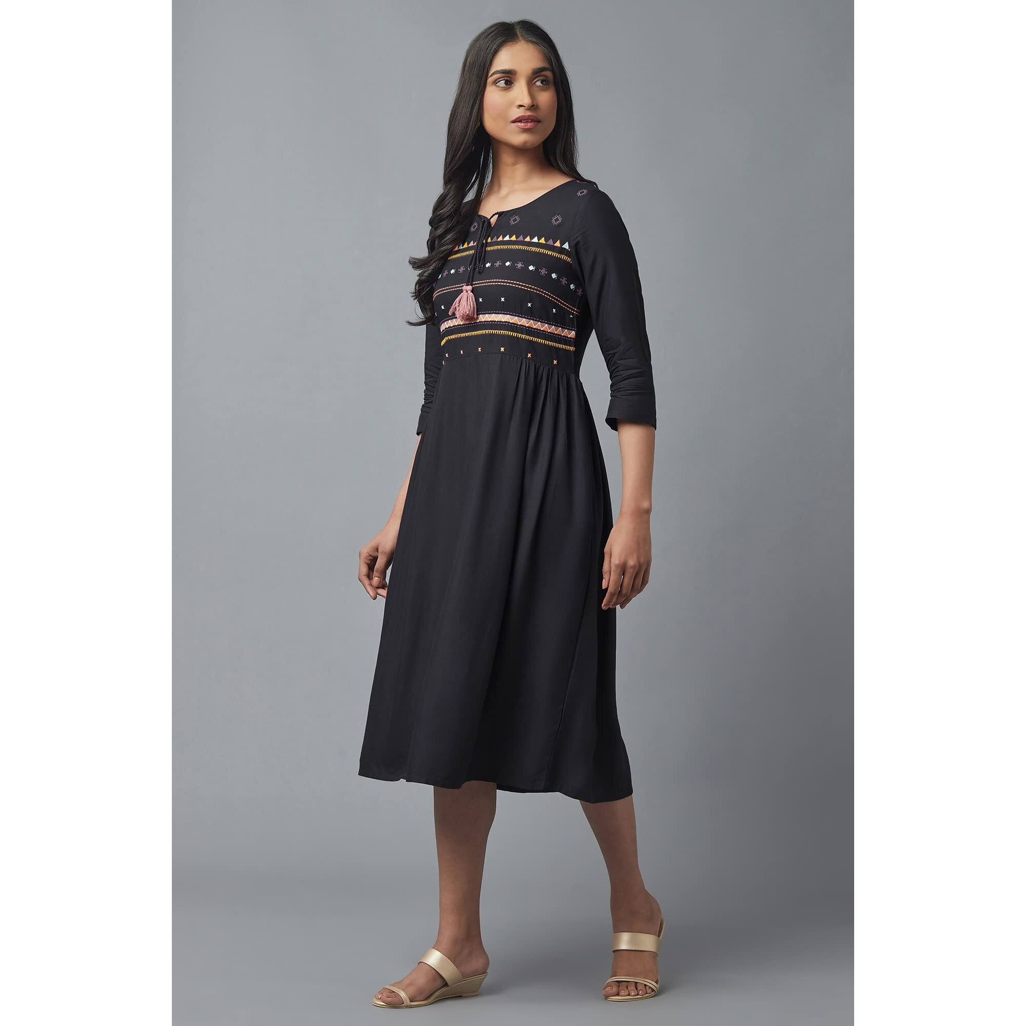 W For Woman Women's Rayon Charcoal Grey Embroidered Dress Below The Knee (22Few16072-216029 M)