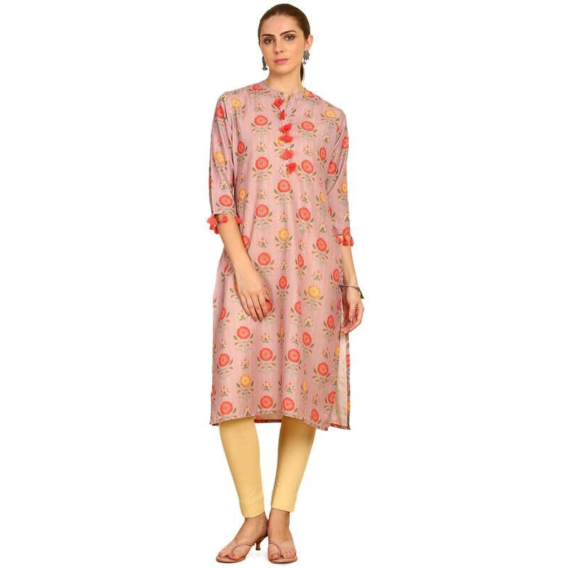 Soch Womens Onion Pink Floral Printed Rayon Straight Kurta With Tassels