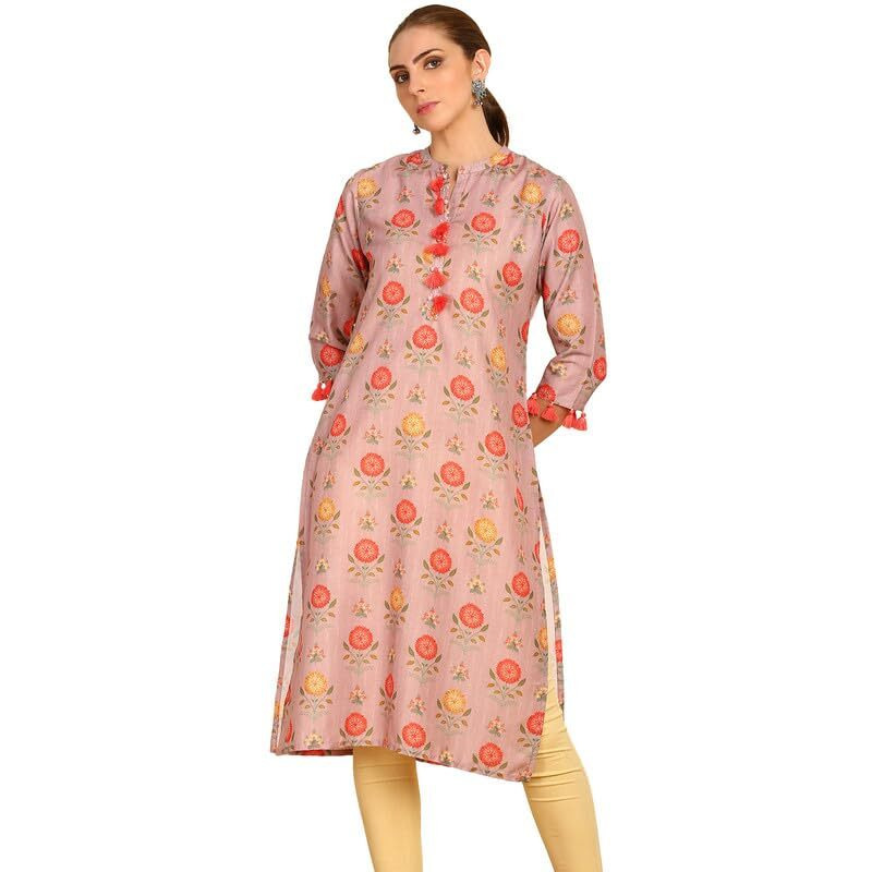 Soch Womens Onion Pink Floral Printed Rayon Straight Kurta With Tassels