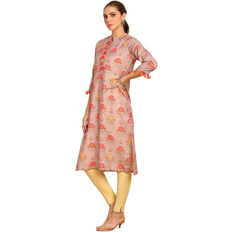Soch Womens Onion Pink Floral Printed Rayon Straight Kurta With Tassels