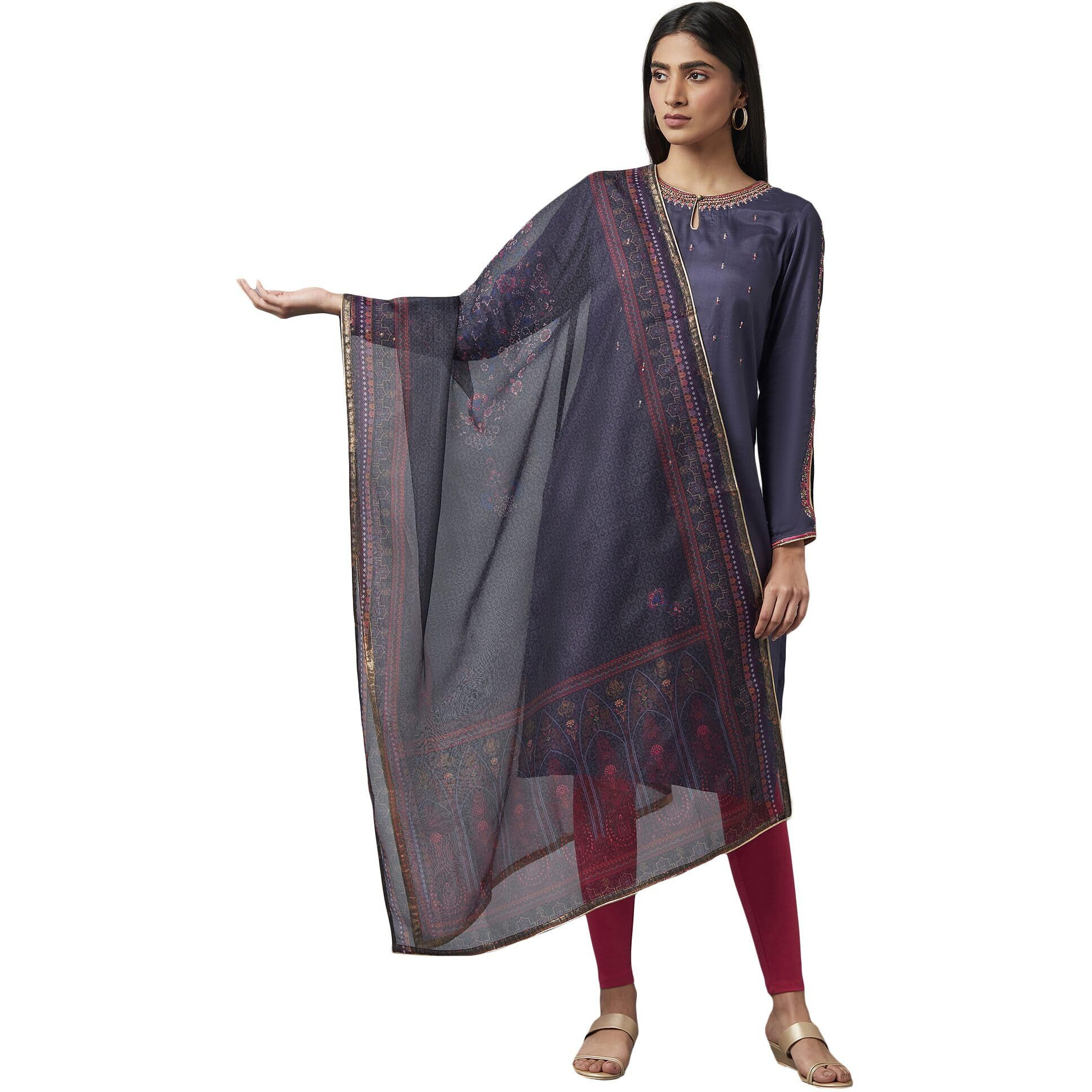 W For Woman Wishful Women's Floral Polyester Dupatta (22Fes81110-116895-Grey-Free Size_Greyish Blue_Free Size)