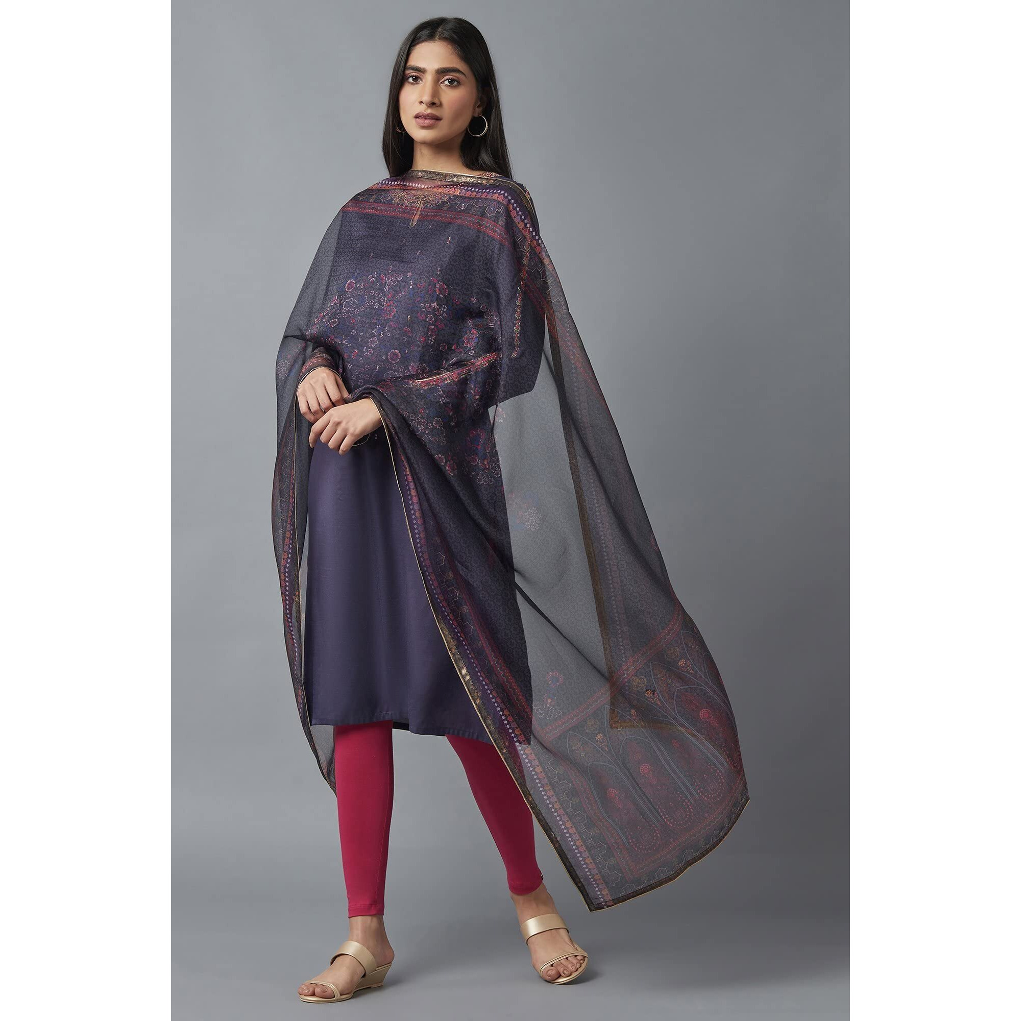 W For Woman Wishful Women's Floral Polyester Dupatta (22Fes81110-116895-Grey-Free Size_Greyish Blue_Free Size)