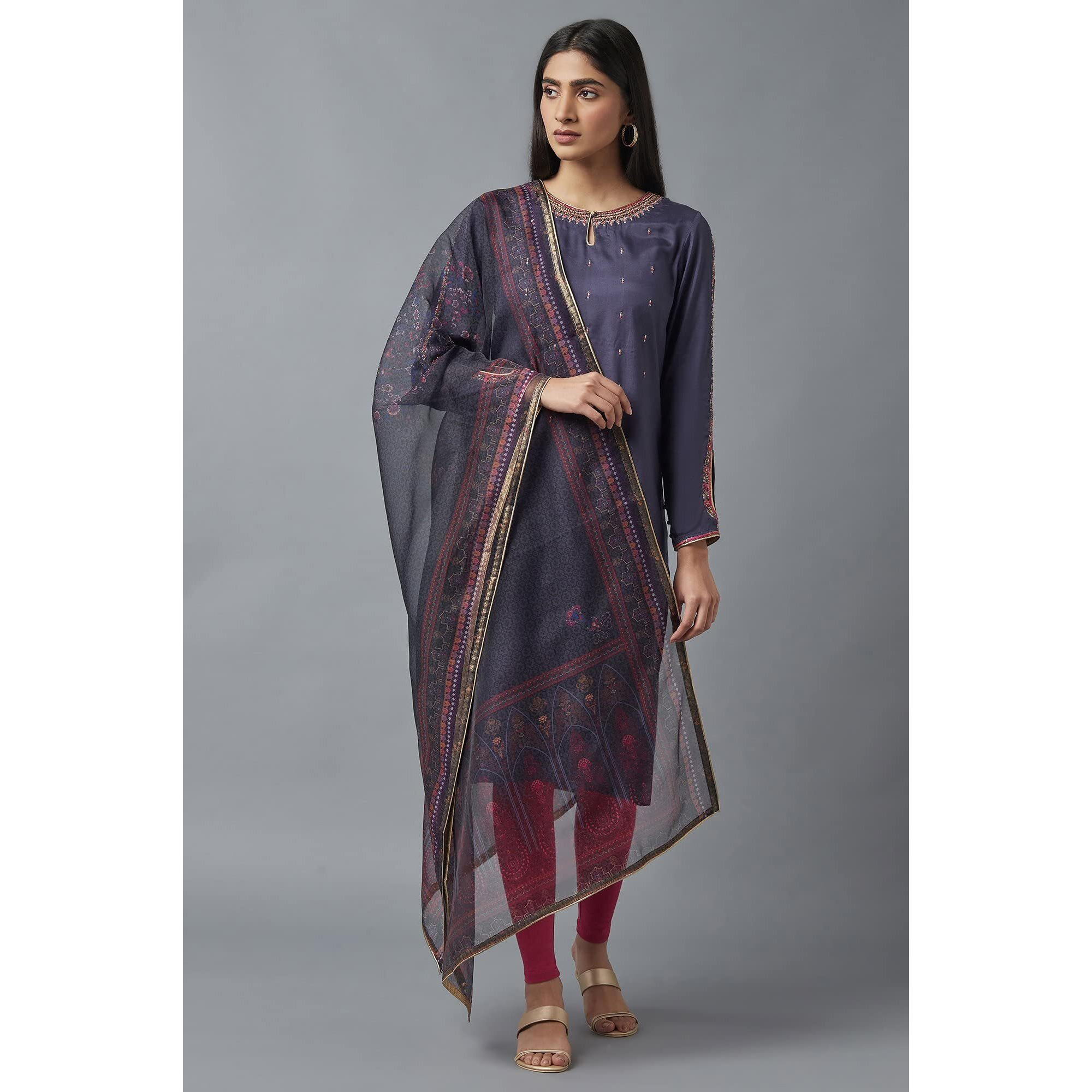 W For Woman Wishful Women's Floral Polyester Dupatta (22Fes81110-116895-Grey-Free Size_Greyish Blue_Free Size)