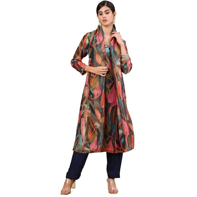 Soch Womens Green Floral Printed Organza Suit Set With Sequins