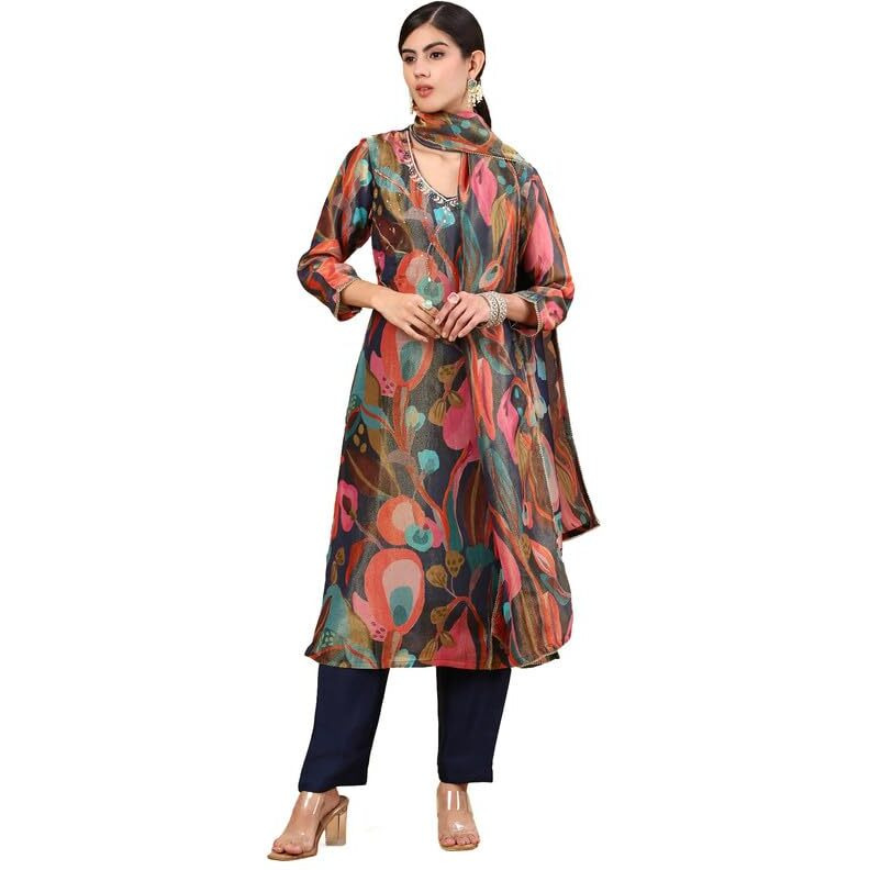 Soch Womens Green Floral Printed Organza Suit Set With Sequins