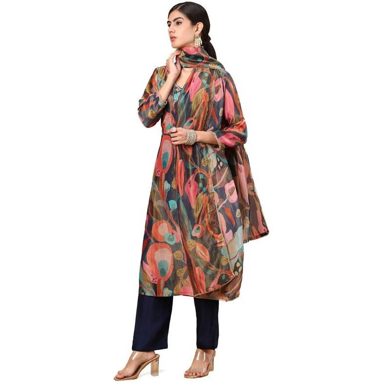 Soch Womens Green Floral Printed Organza Suit Set With Sequins