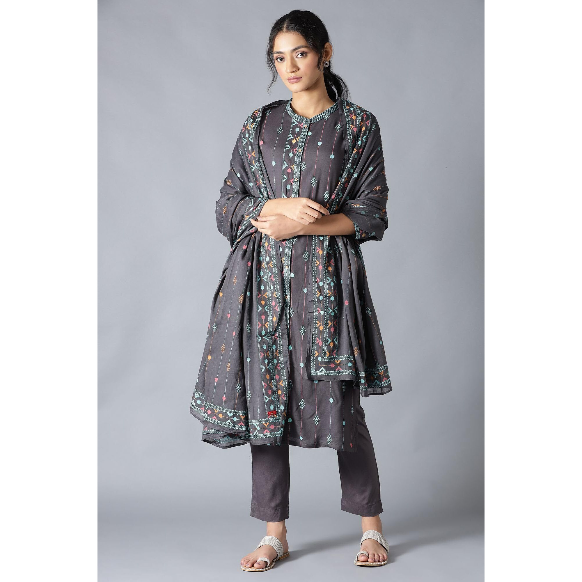 W For Woman Women Grey Printed Cotton Dupatta, Free Size