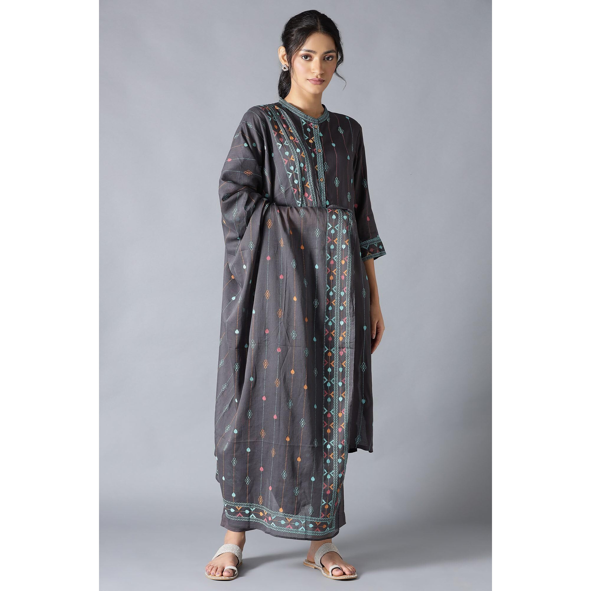 W For Woman Women Grey Printed Cotton Dupatta, Free Size