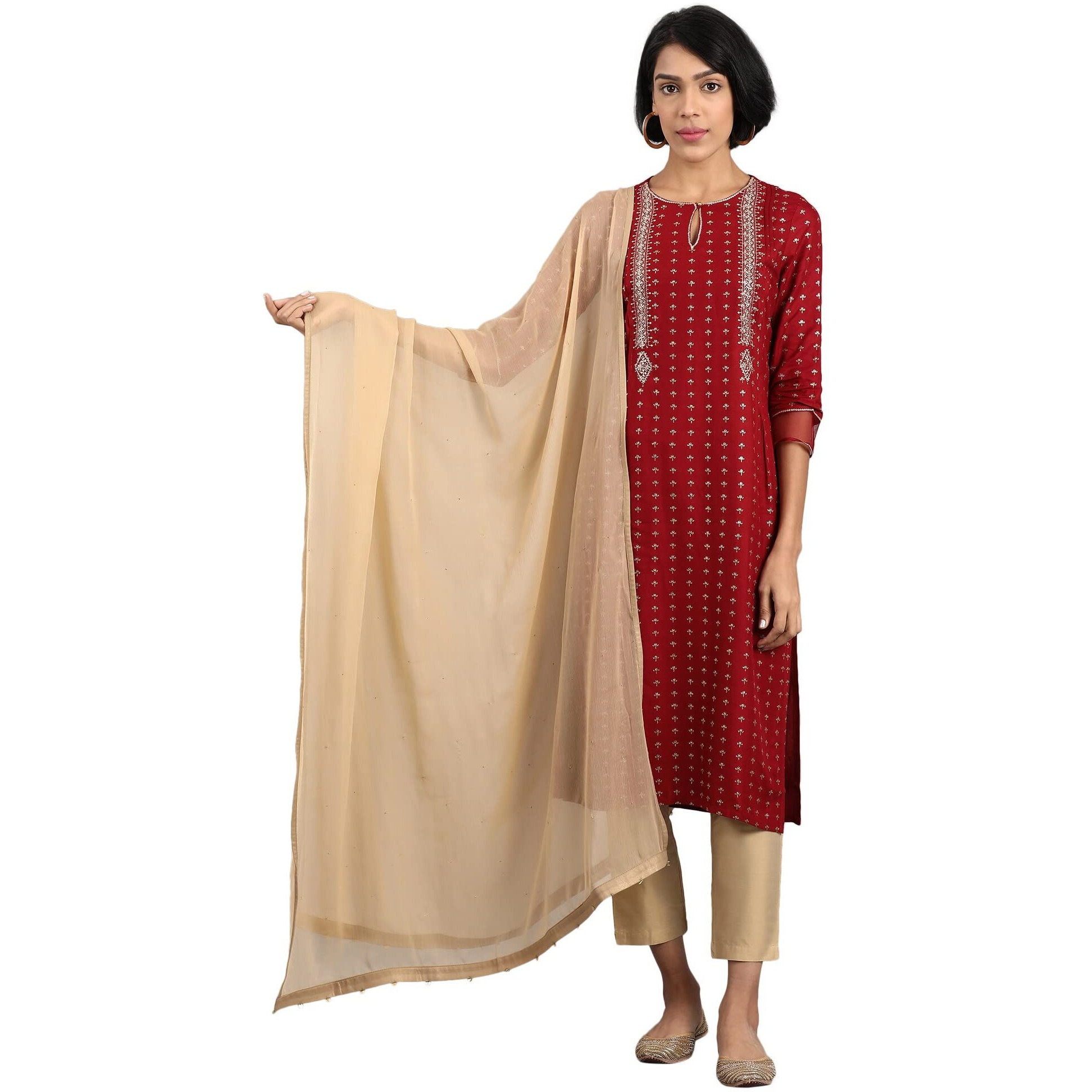 W For Woman Polyester Women Golden Chiffon Dupatta With Sequin, Free Size