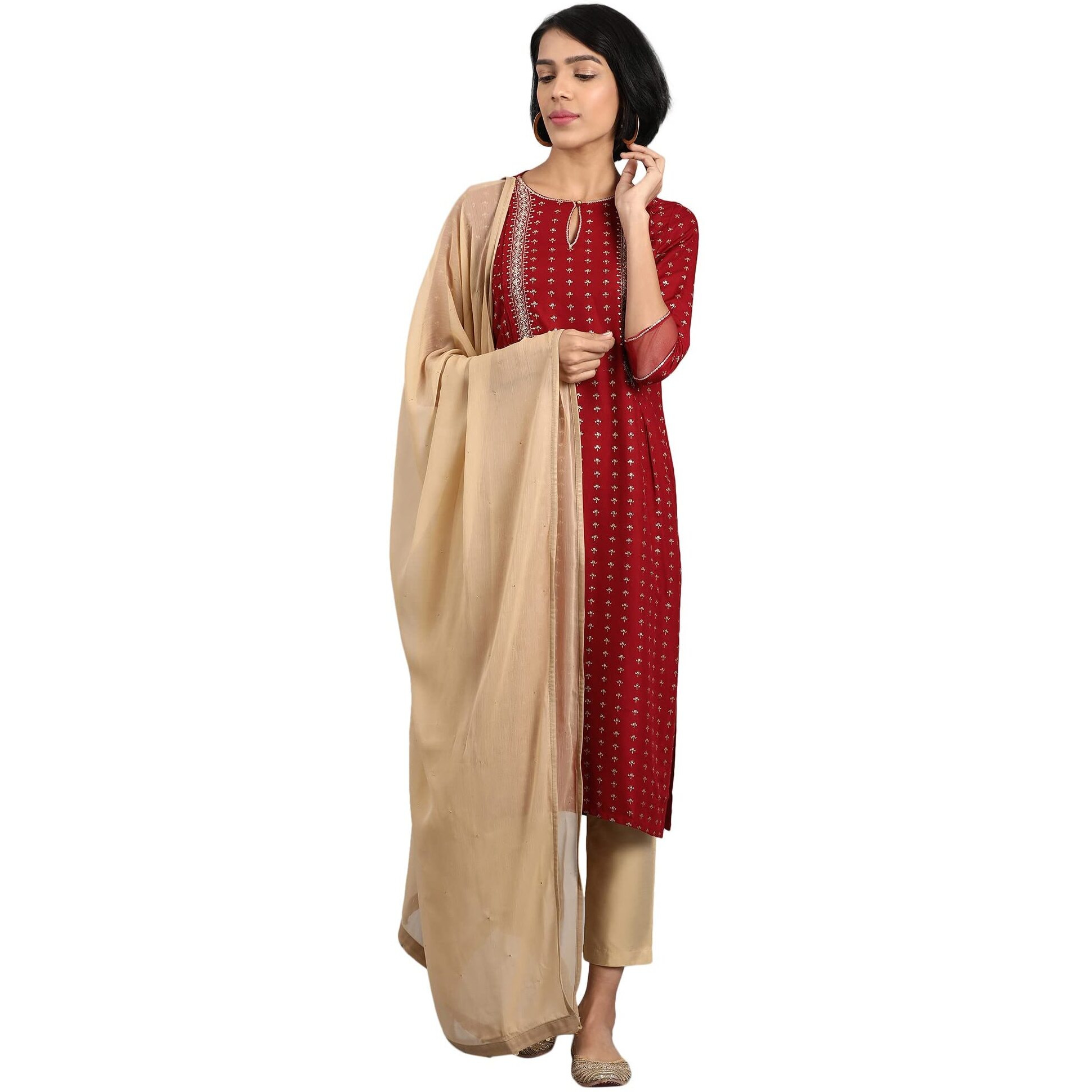 W For Woman Polyester Women Golden Chiffon Dupatta With Sequin, Free Size
