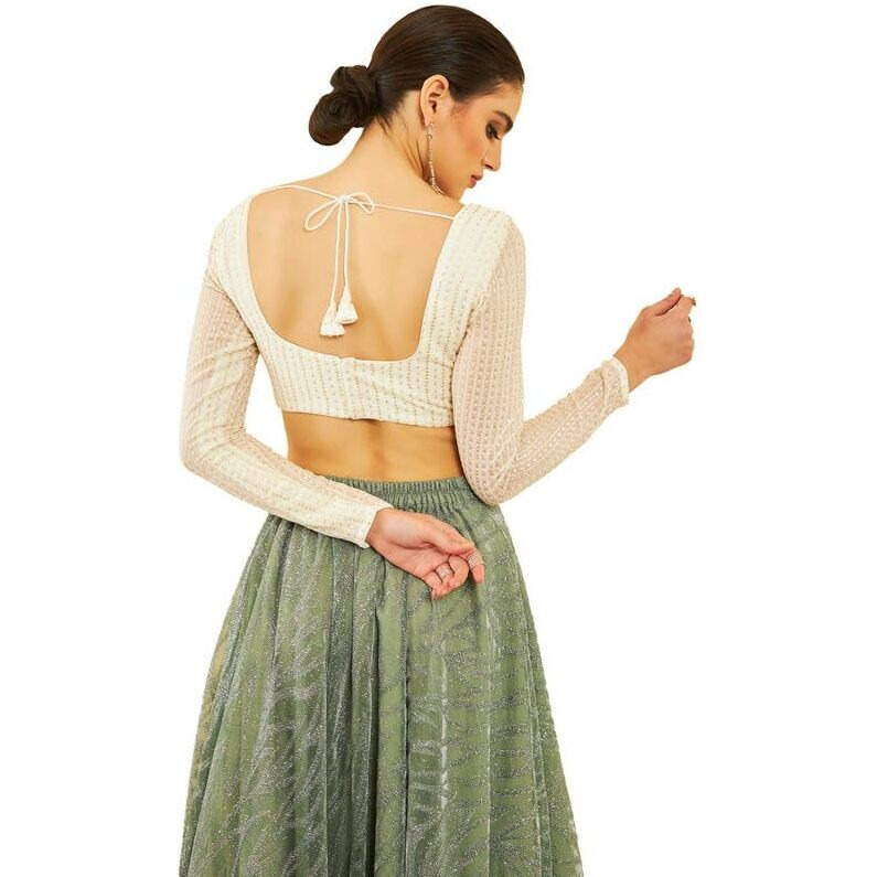 Soch Womens Cream Georgette Sequinned Embellished Blouse With Tie-Ups