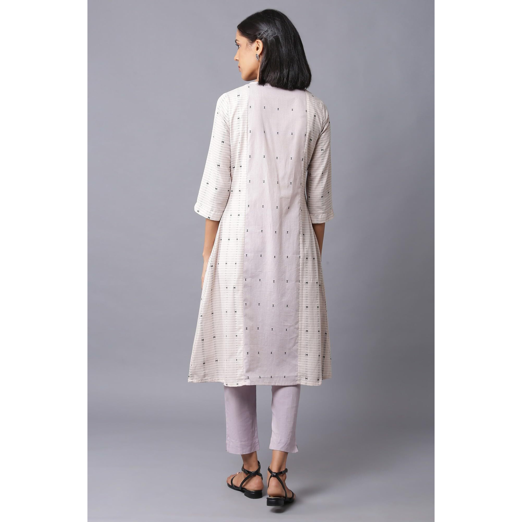 W For Woman Women's Cotton Striped Regular Kurta (22Few17778-312292_Ecru_L)