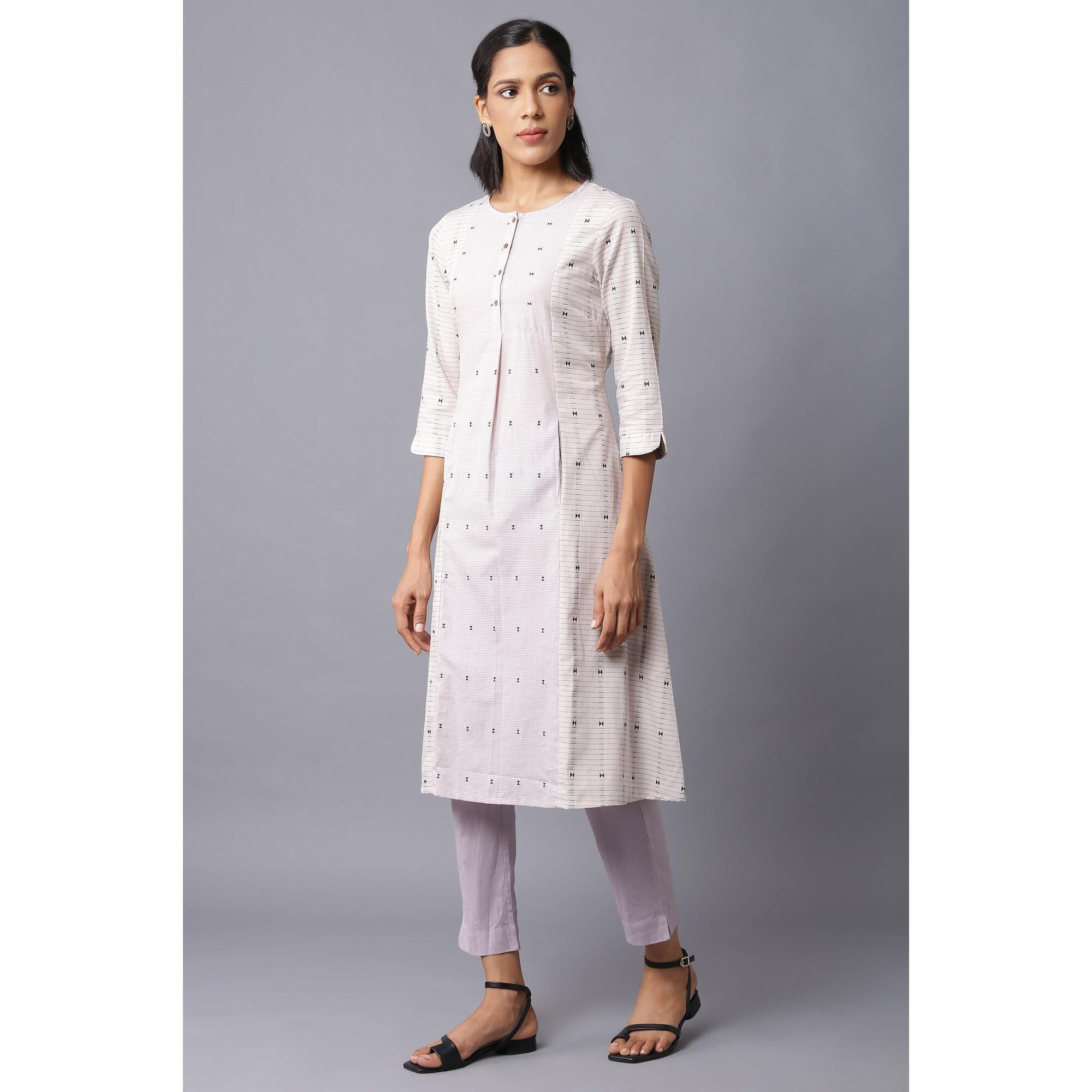 W For Woman Women's Cotton Striped Regular Kurta (22Few17778-312292_Ecru_L)