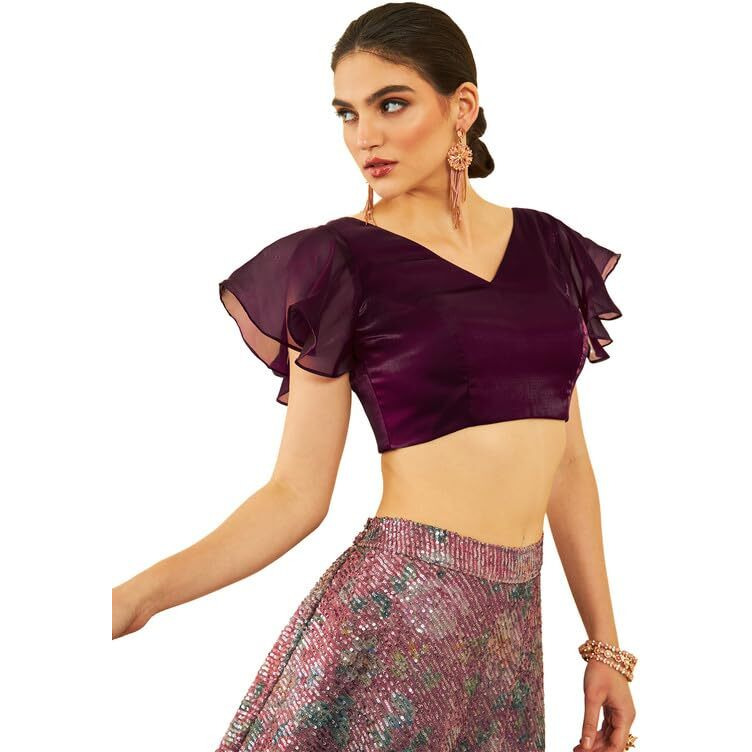 Soch Womens Wine Organza Flutter Sleeves Blouse With Princess-Line