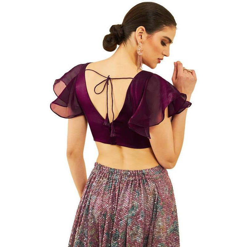 Soch Womens Wine Organza Flutter Sleeves Blouse With Princess-Line