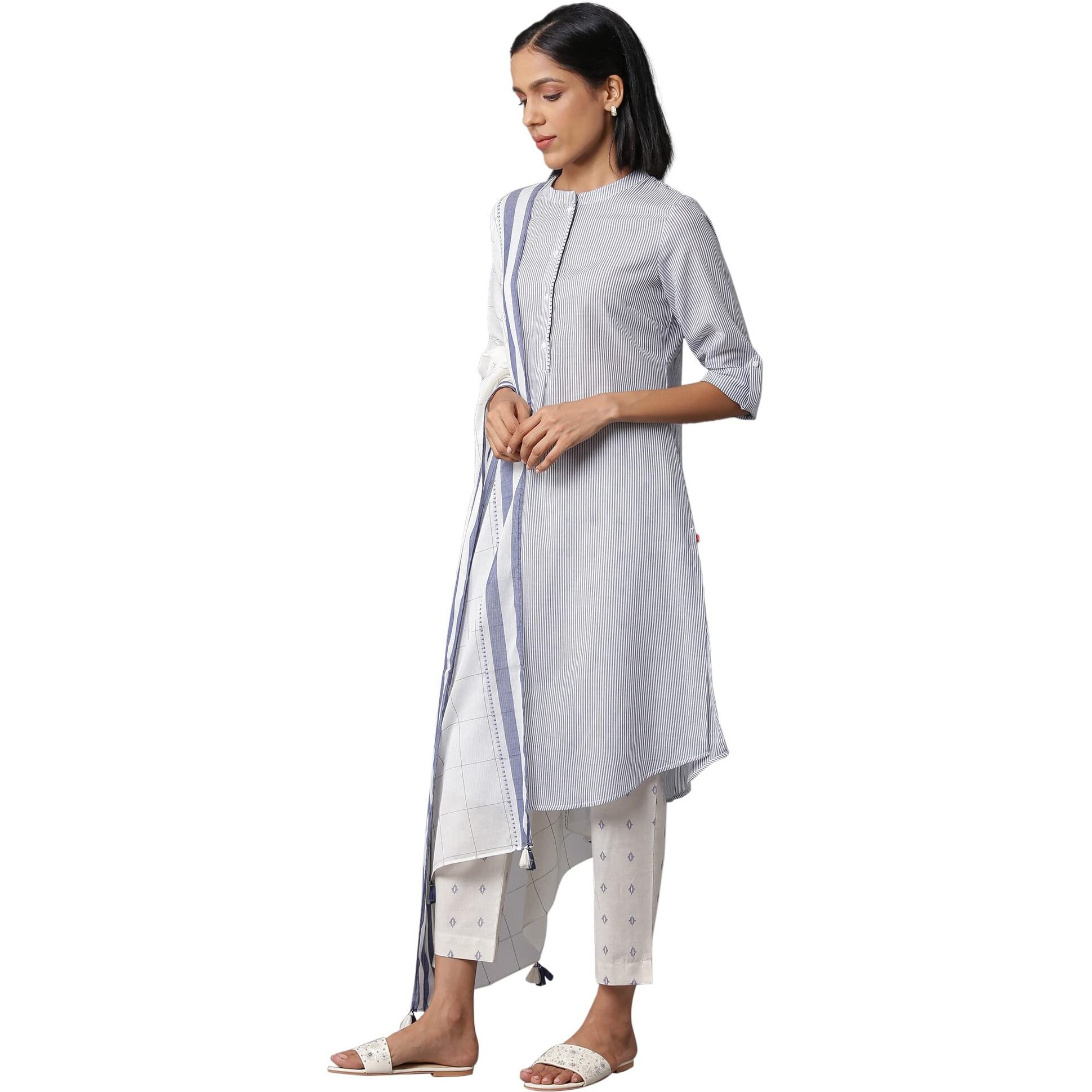 W For Woman Women's Cotton Kurta, Slim Pant & Dupatta (22Fews17780-312352_Dark Chambray Blue_Xs)