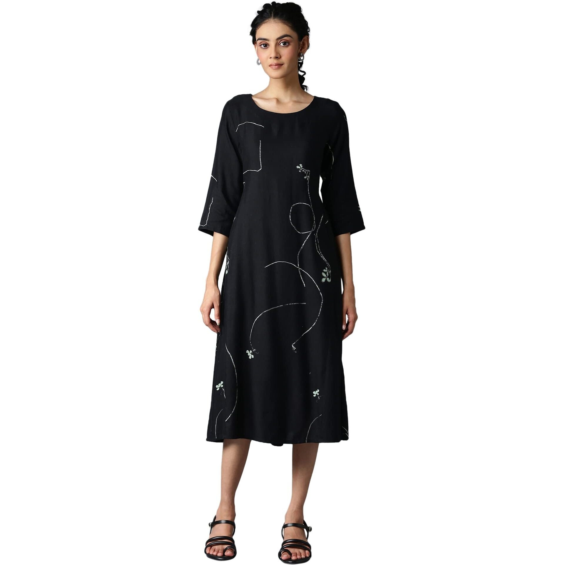 W For Woman Women A-Line Rayon Jet Black Gathered Dress Below The Knee (22Few17323-118125 M)