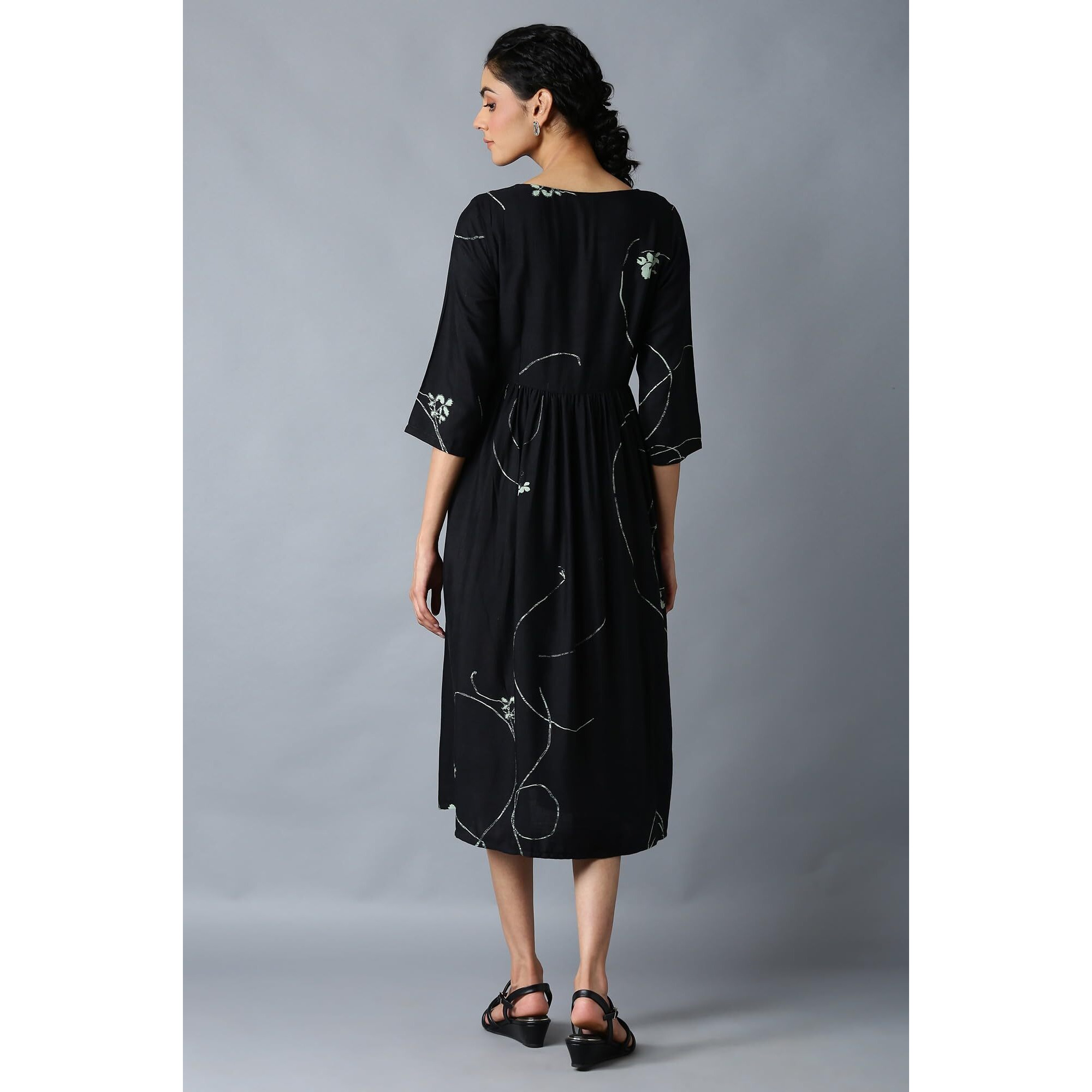 W For Woman Women A-Line Rayon Jet Black Gathered Dress Below The Knee (22Few17323-118125 M)