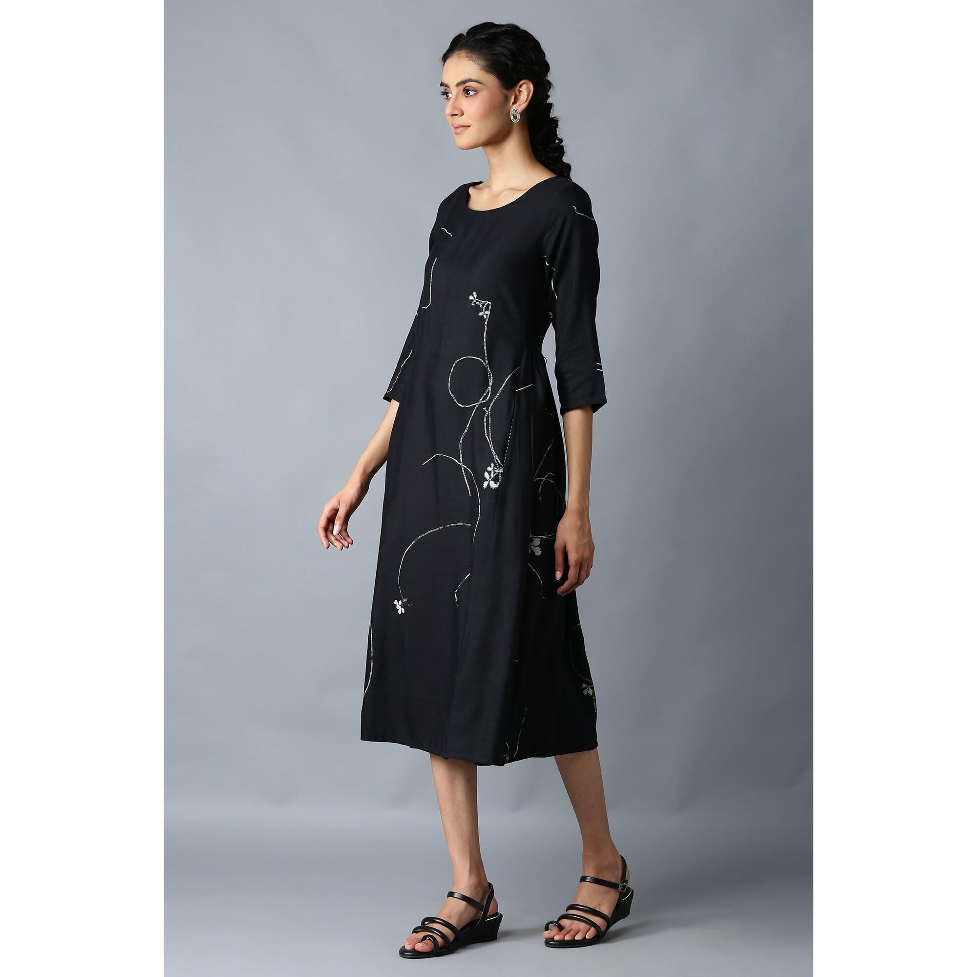 W For Woman Women A-Line Rayon Jet Black Gathered Dress Below The Knee (22Few17323-118125 M)