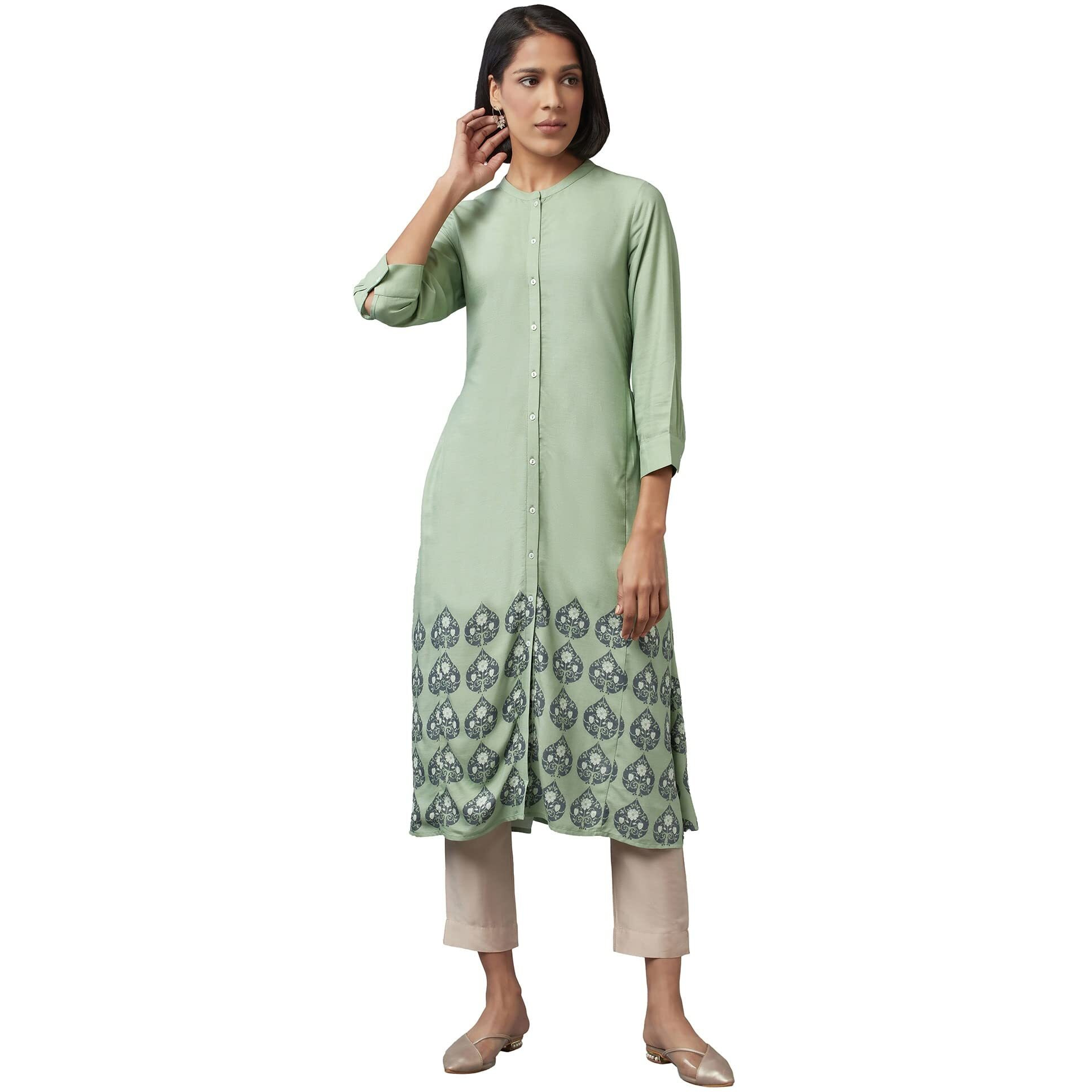 W For Woman Women's Viscose Floral Regular Kurta (22Few17326-118119_Fern Green_L)