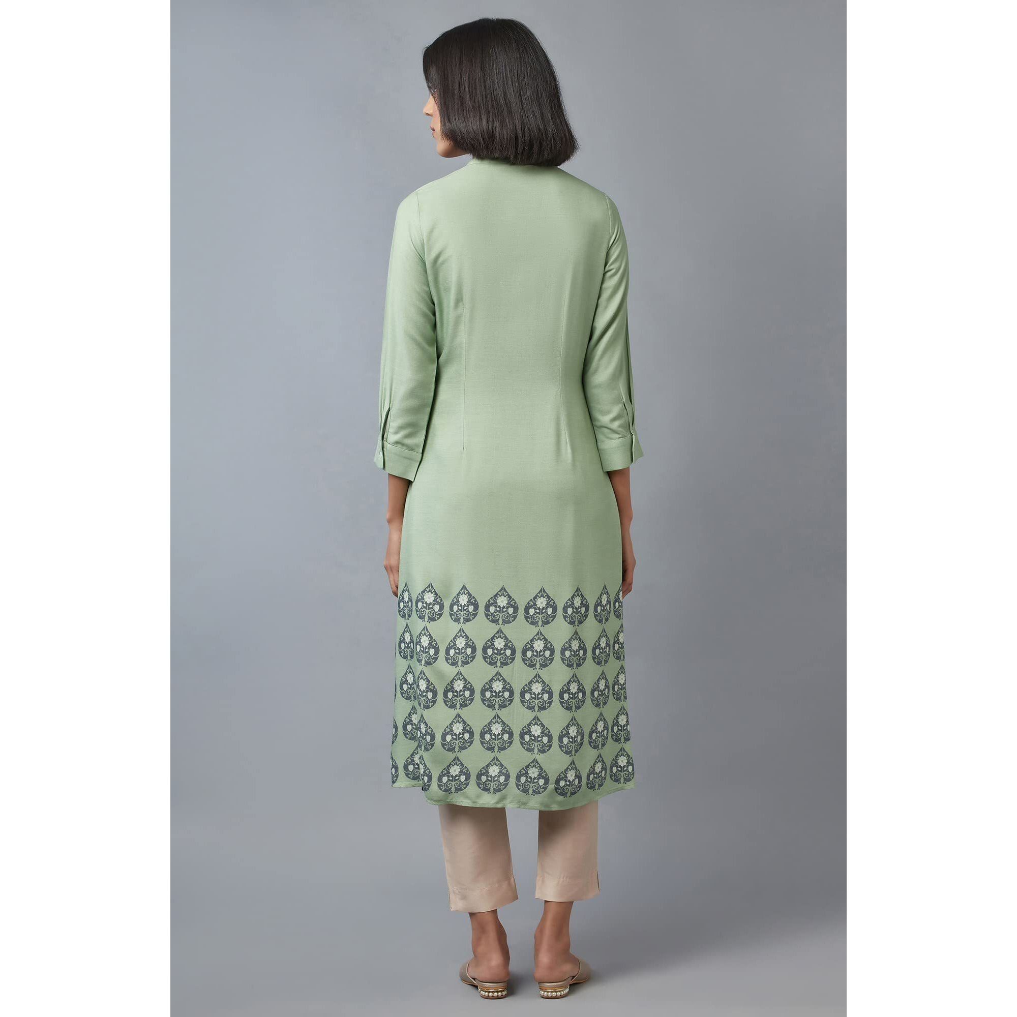 W For Woman Women's Viscose Floral Regular Kurta (22Few17326-118119_Fern Green_L)