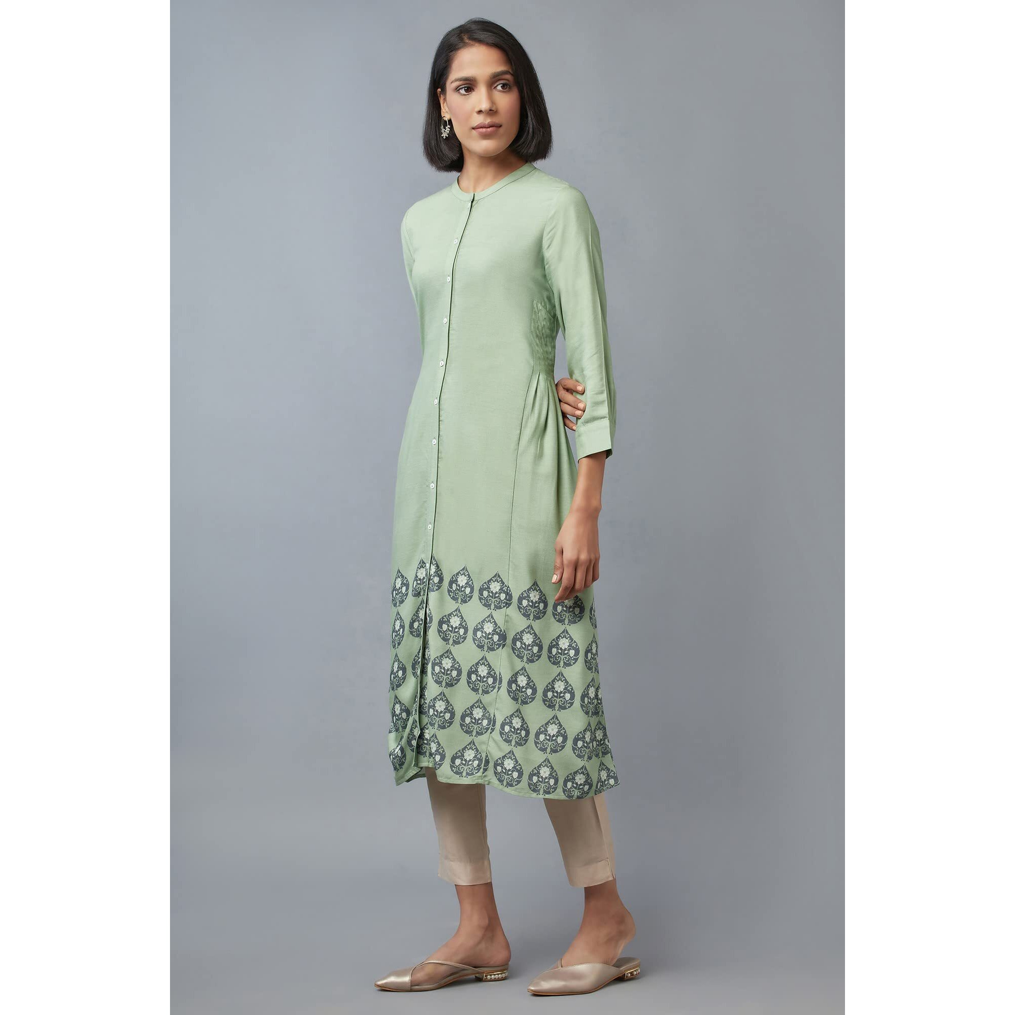 W For Woman Women's Viscose Floral Regular Kurta (22Few17326-118119_Fern Green_L)