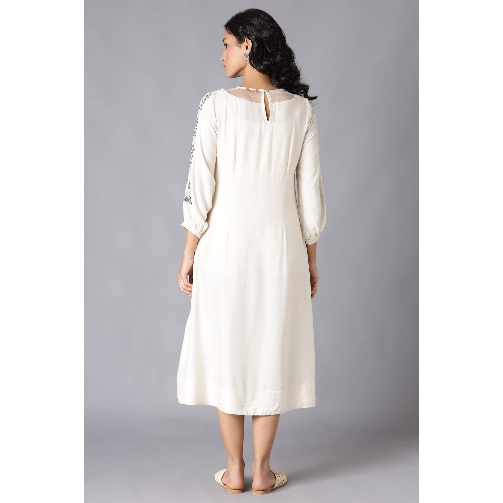 W For Woman Ecru Embroidered Rayon Blend A-Line Dress With Threadwork