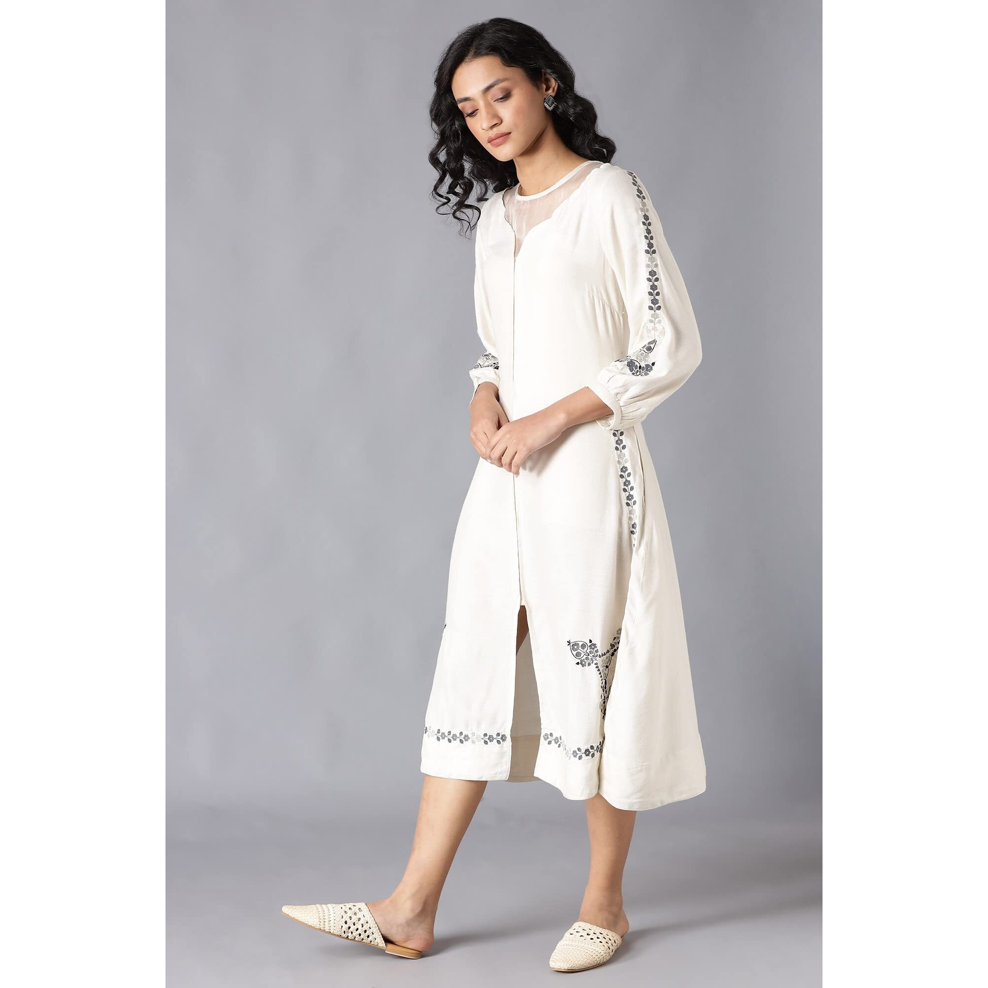 W For Woman Ecru Embroidered Rayon Blend A-Line Dress With Threadwork